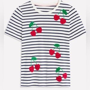 Boden Navy Striped T-Shirt with Cherry Appliqués